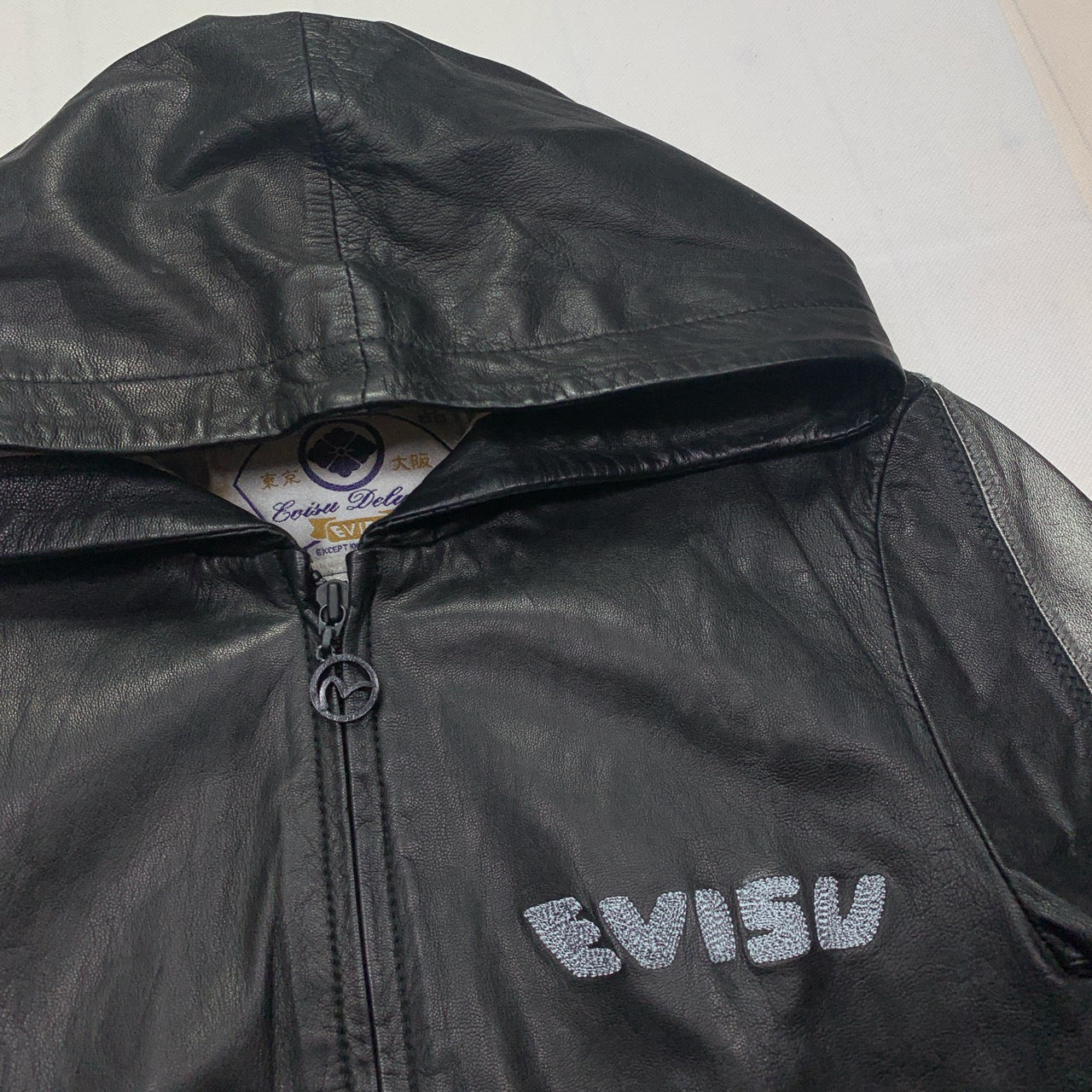 Evisu Daicock Spell Out Leather Hooded Jacket