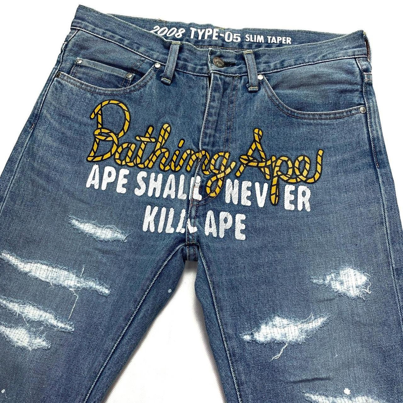 Bape Front Spell Out Paint Splatter Denim Jeans