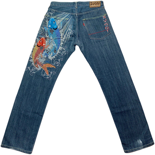 Sugoi Embroidered Koi Fish Japanese Denim Jeans