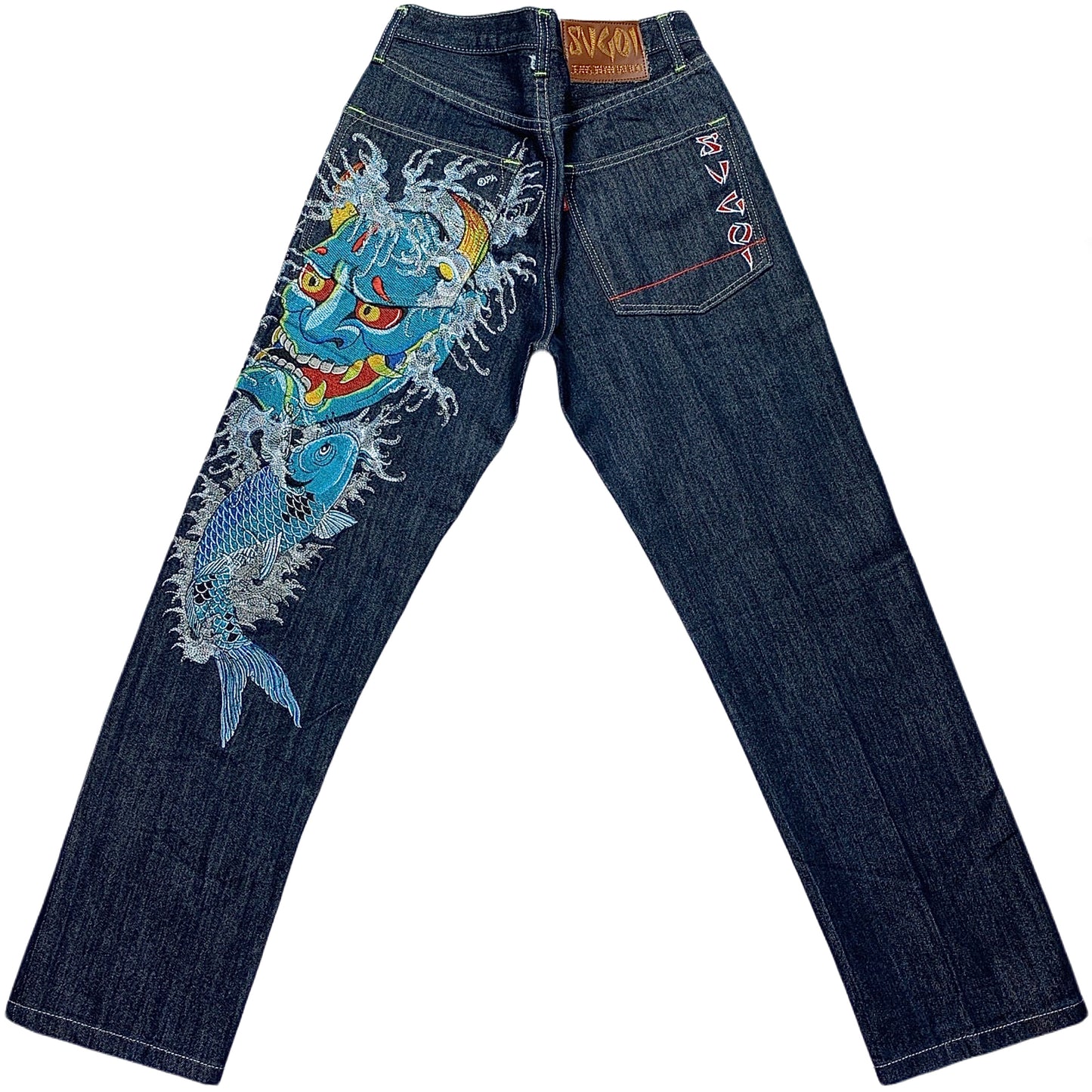 Sugoi Embroidered Oni Mask Koi Fish Japanese Denim Jeans